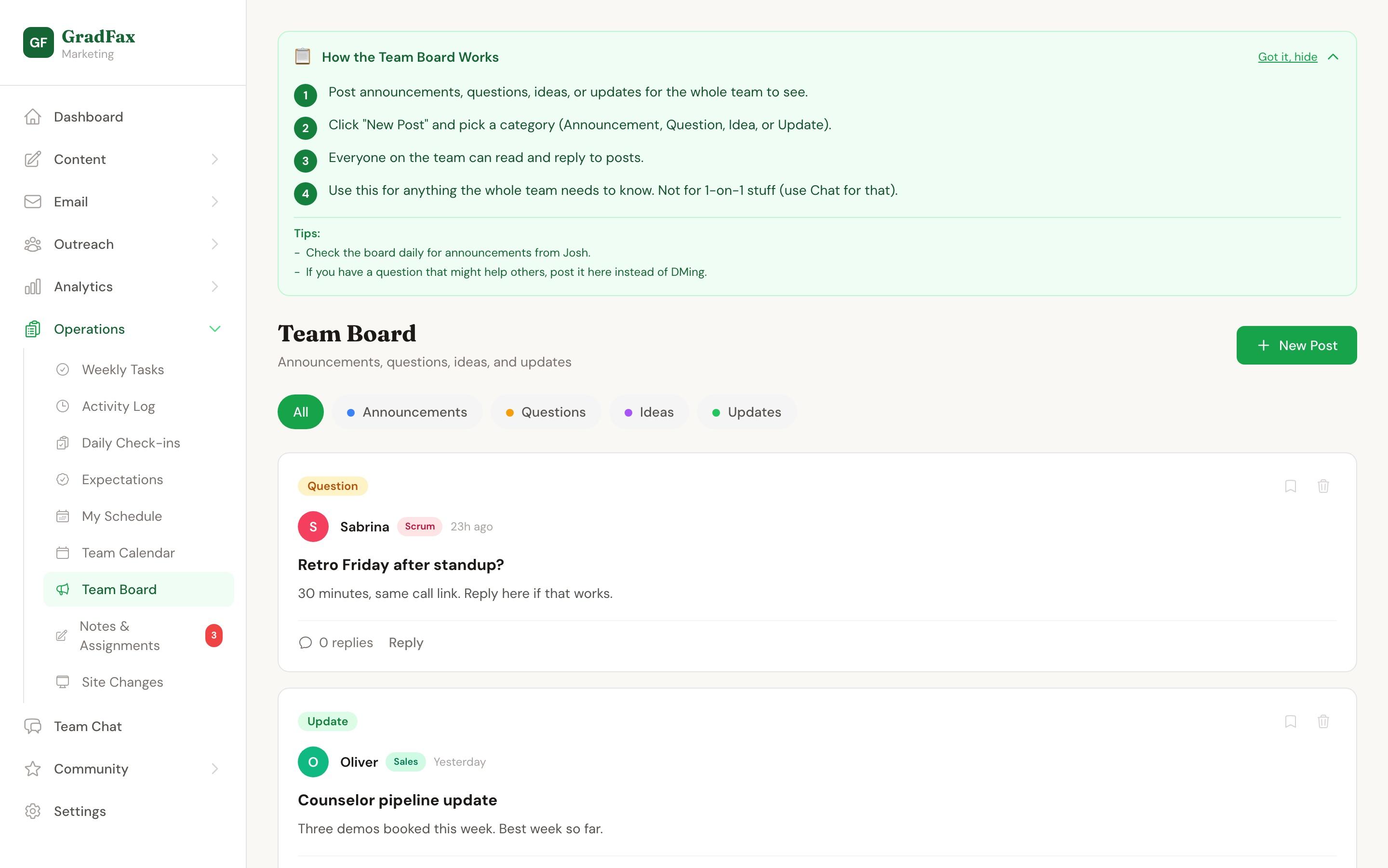 GradFax Marketing OS team board with questions and updates from the team