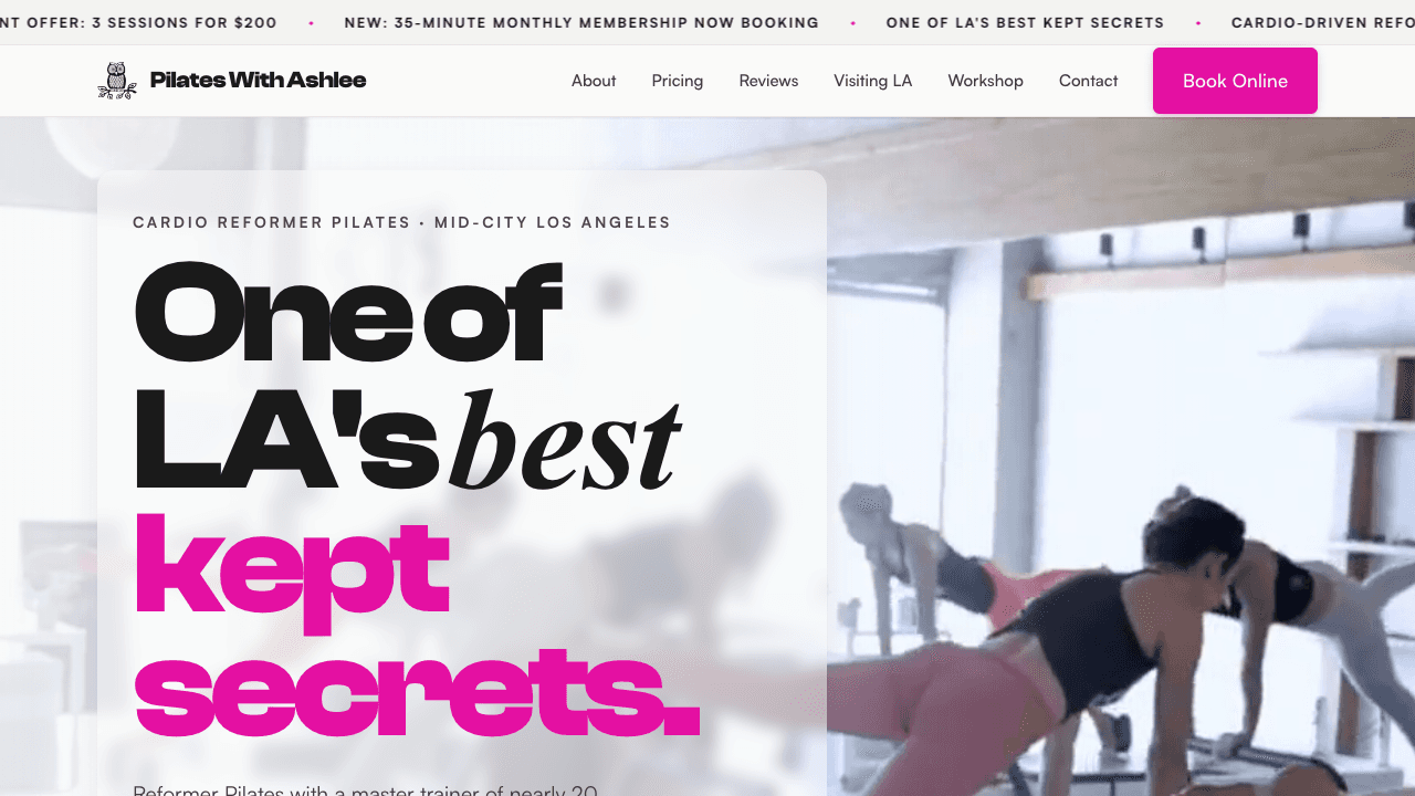 Pilates With Ashlee homepage hero, cardio-driven reformer Pilates in Mid-City Los Angeles