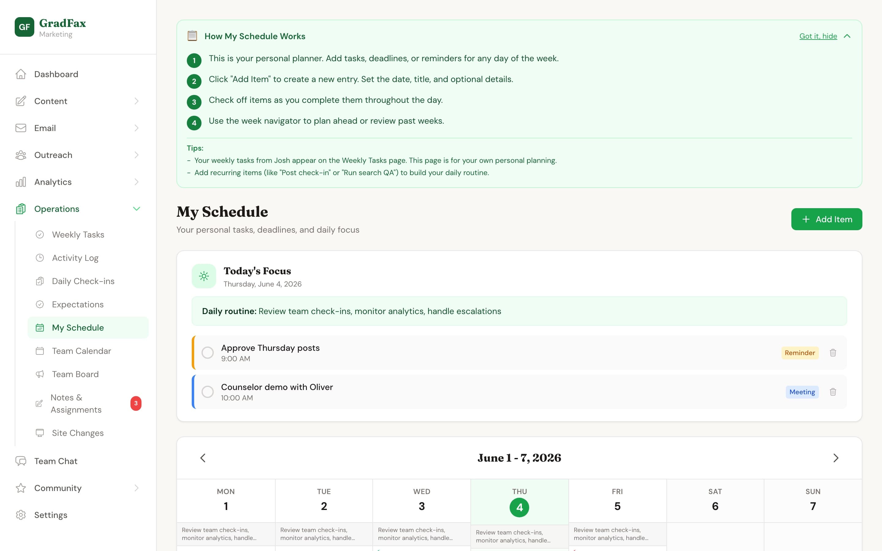 GradFax Marketing OS screenshot